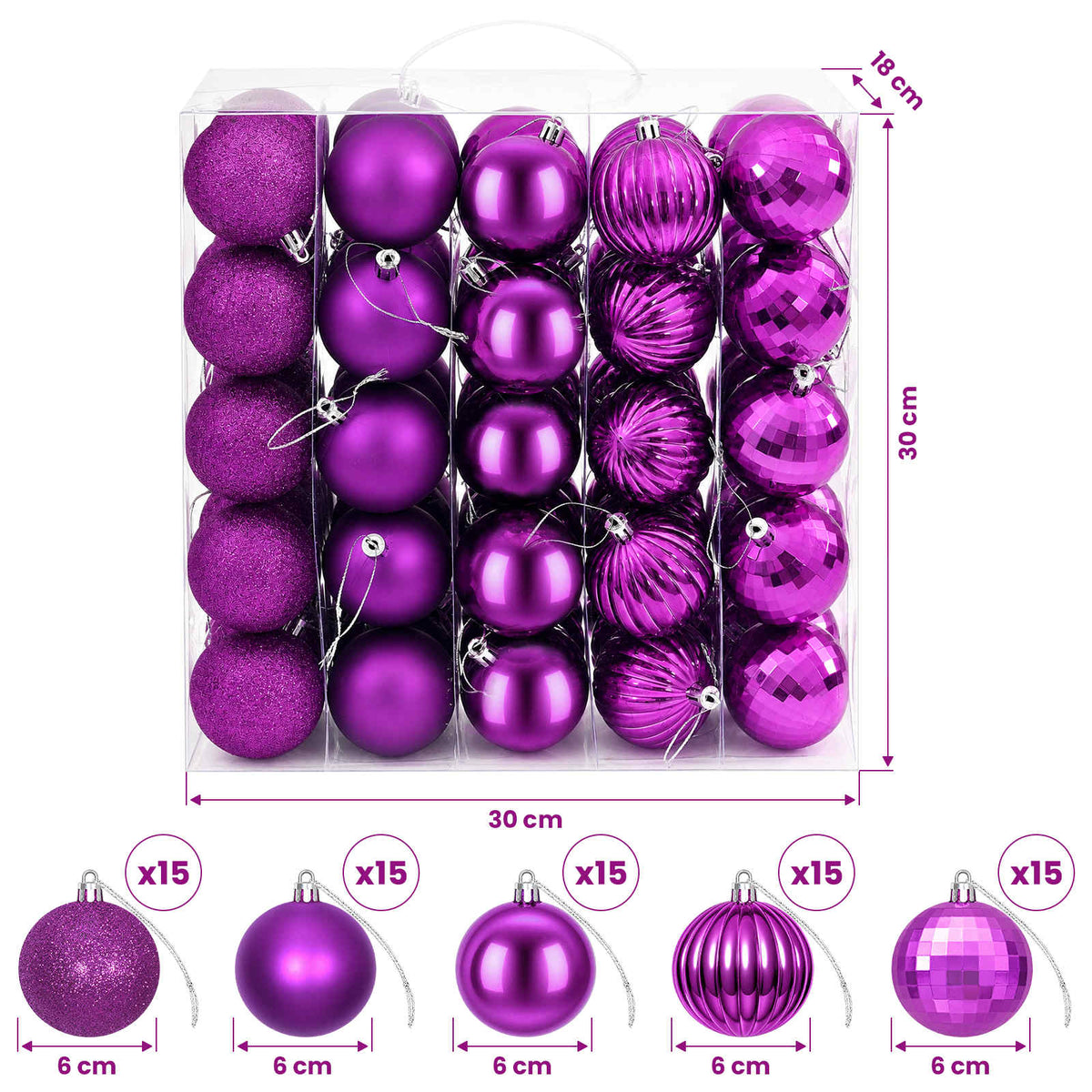 Set božićnih kuglica 75 kom. Lila 6 cm Polistiren