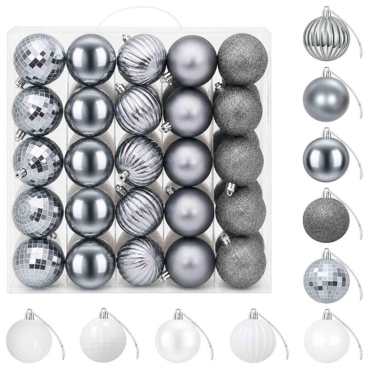 Set božićnih kuglica 75 kom. Bijela i siva 6 cm Polistiren