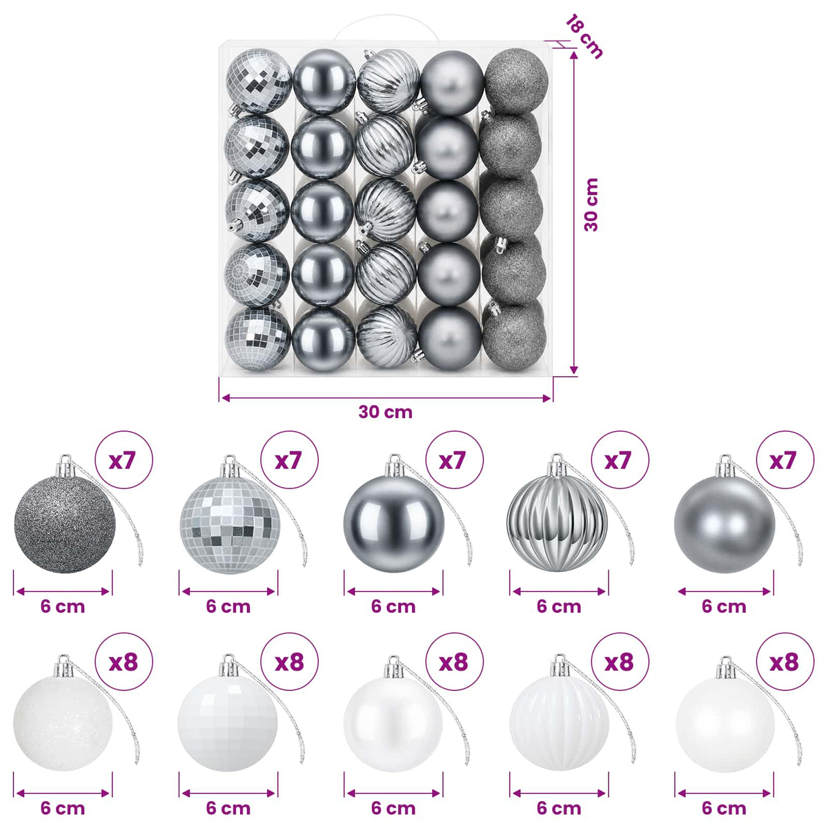 Set božićnih kuglica 75 kom. Bijela i siva 6 cm Polistiren