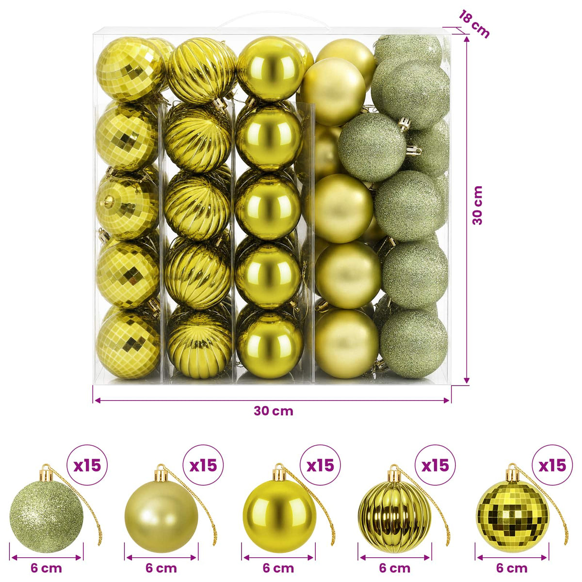 Set božićnih kuglica 75 kom. Svijetlo zelena 6 cm Polistiren