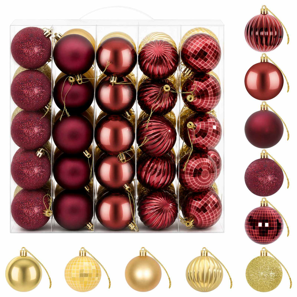 Set božićnih kuglica 75 kom. Zlatna i vinsko crvena 6 cm