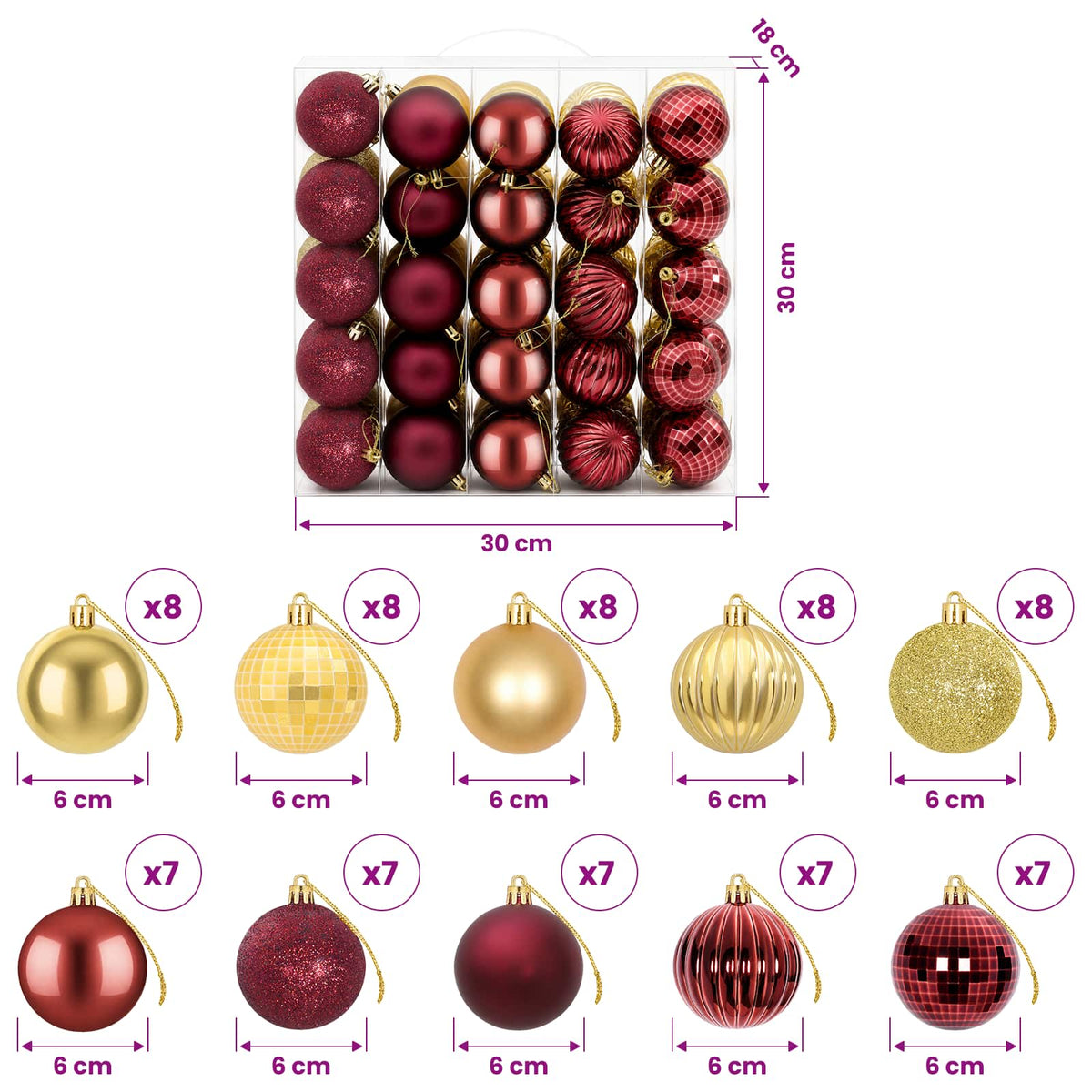 Set božićnih kuglica 75 kom. Zlatna i vinsko crvena 6 cm