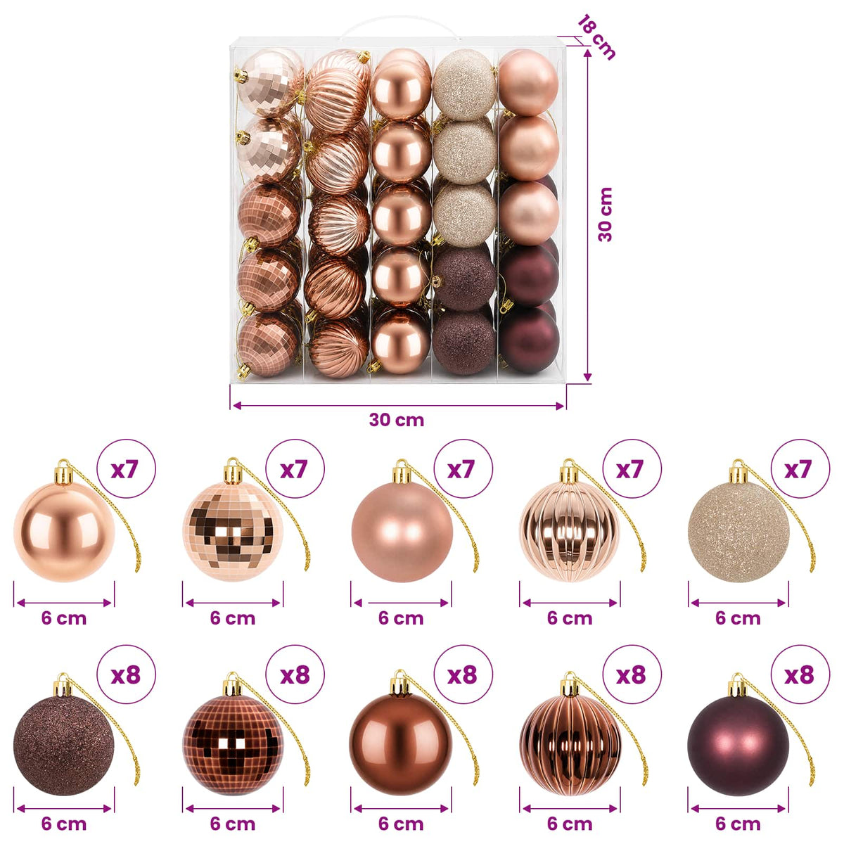 Set božićnih kuglica 75 kom. Boja šampanjca i smeđa 6 cm