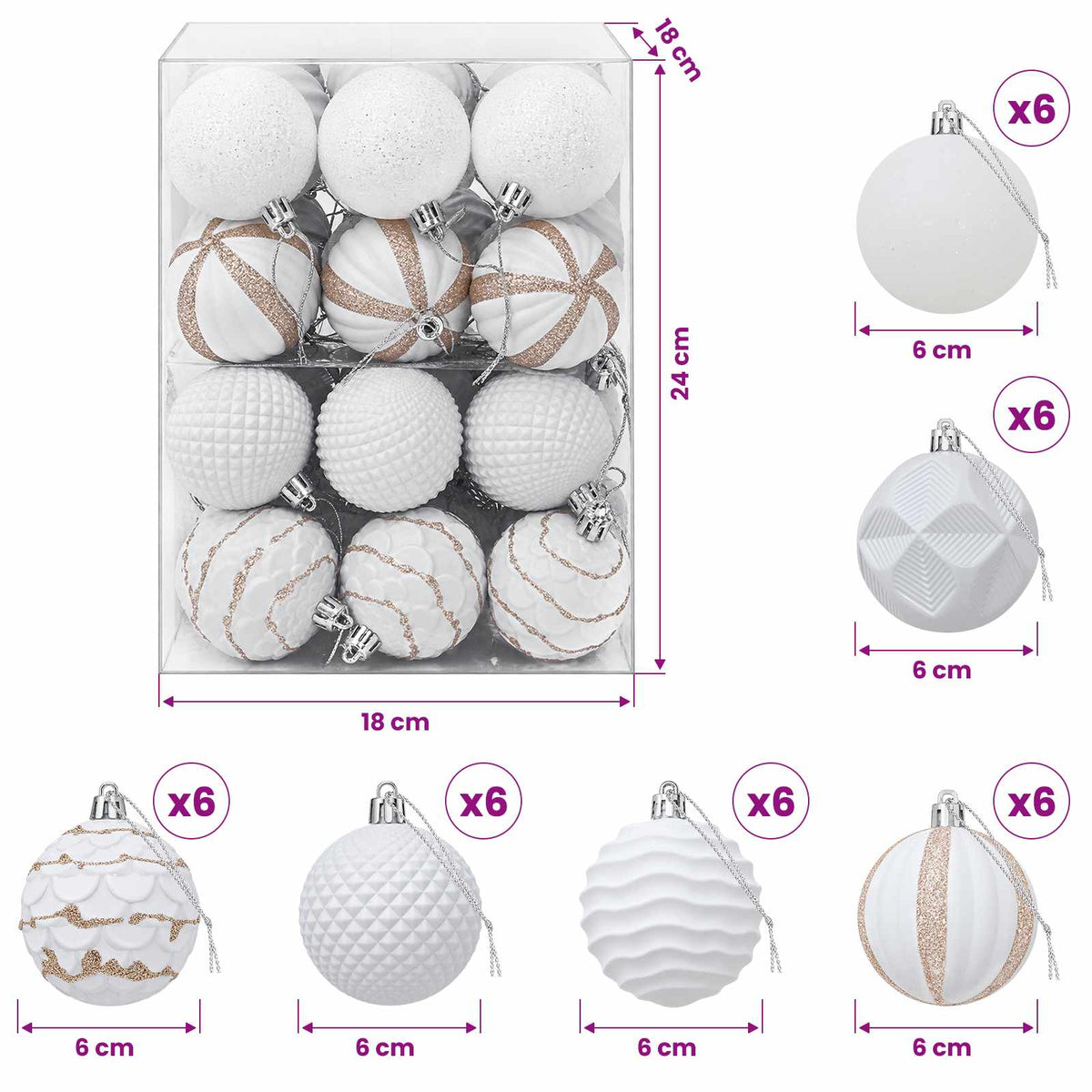 Set božićnih kuglica 36 kom. Bijela 6 cm Polistiren