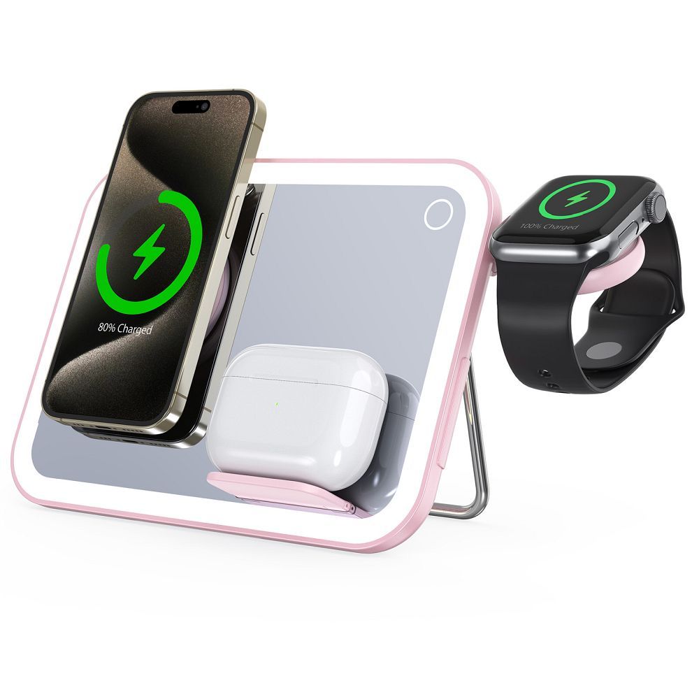Forcell F-ENERGY Mag Mirror 3 u 1 bežični punjač od 15 W kompatibilan s MagSafe ružičaste boje