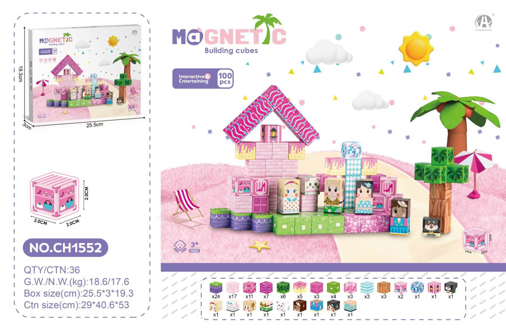 Magnetic Cubes Set, Magnetic bricks 100el.