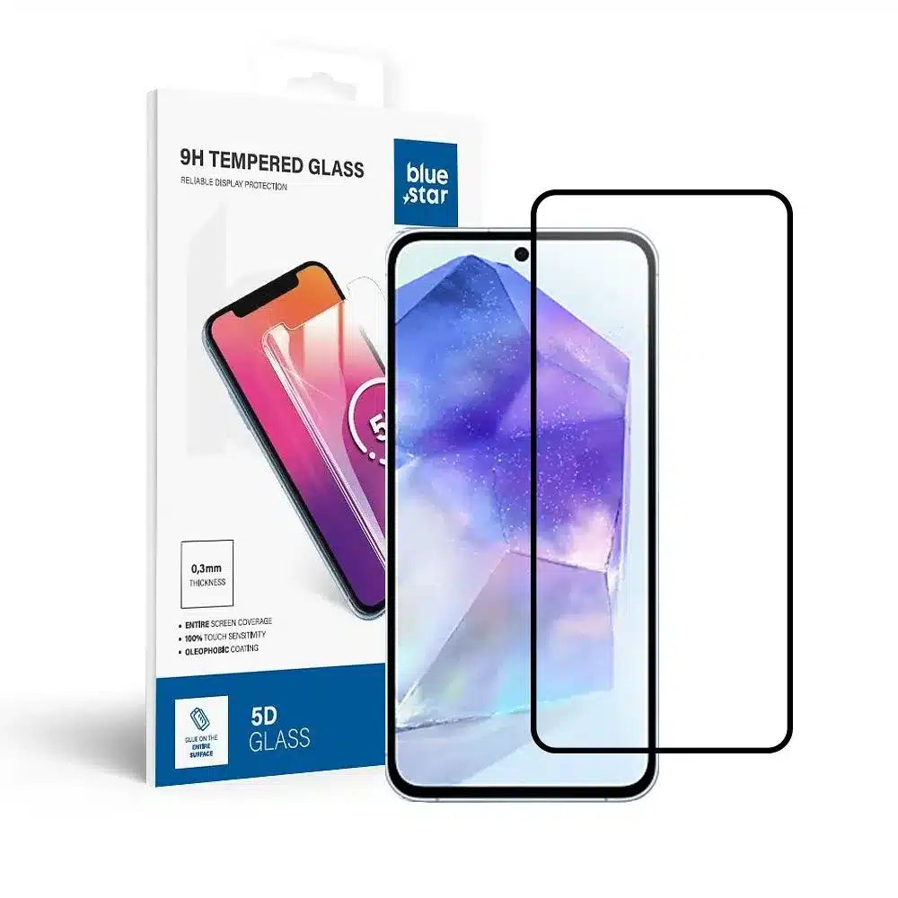 Blue Star 5D kaljeno staklo – za Samsung Galaxy A55 5G (potpuno ljepilo/case friendly) – crno