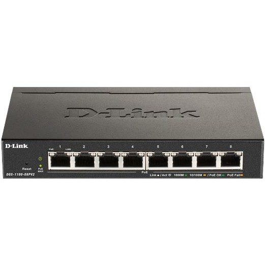 D-Link DGS-1100-08PV2 Upravljano L2/L3 Gigabit Ethernet (10/100/1000) Podrška za napajanje putem Etherneta (PoE) Crno