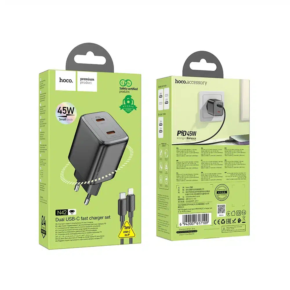 HOCO zidni punjač 2 x tip C + kabel tip C do Lightning PD QC 45W GaN N42 crni