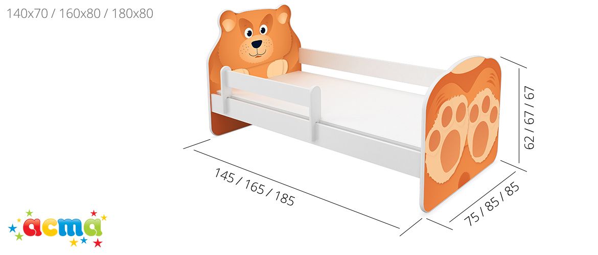Dječji krevet ACMA Animals, bočna bijela 180x80 cm