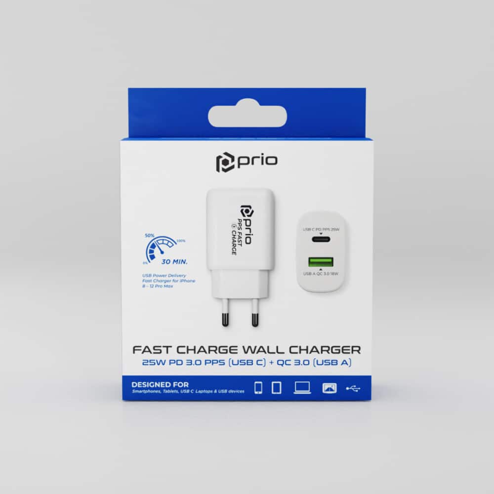 Prio Fast Charge zidni punjač 25W PD PPS (USB C)+QC 3.0 (USB A) bijeli