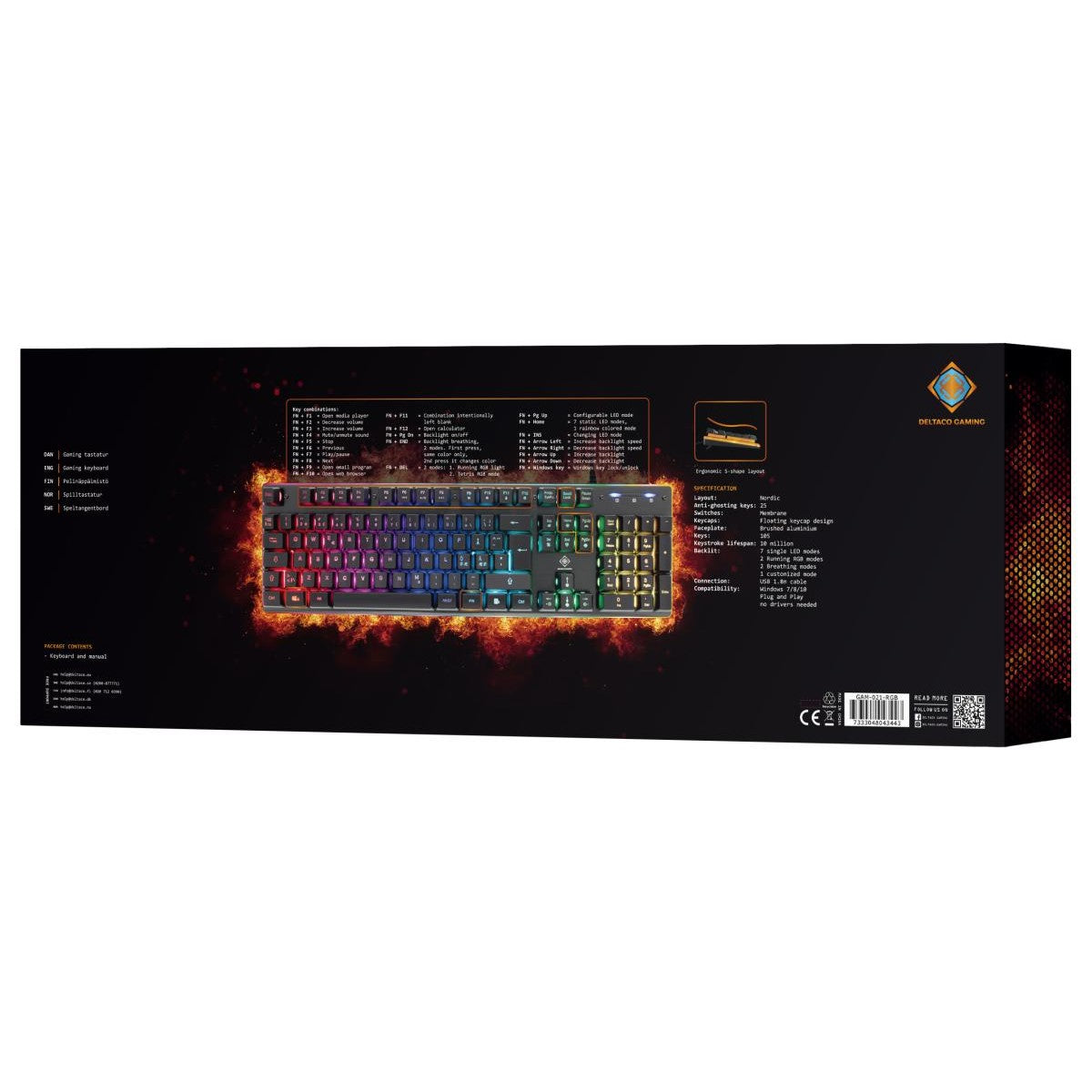 DELTACO GAMING Tipkovnica, 105 tipki, UK raspored, membranski prekidači, CRNA/RGB