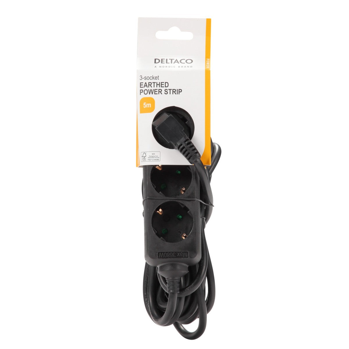 DELTACO produžni kabel strujni 3xCEE 7/3 1xCEE 7/7 5m, CRNI