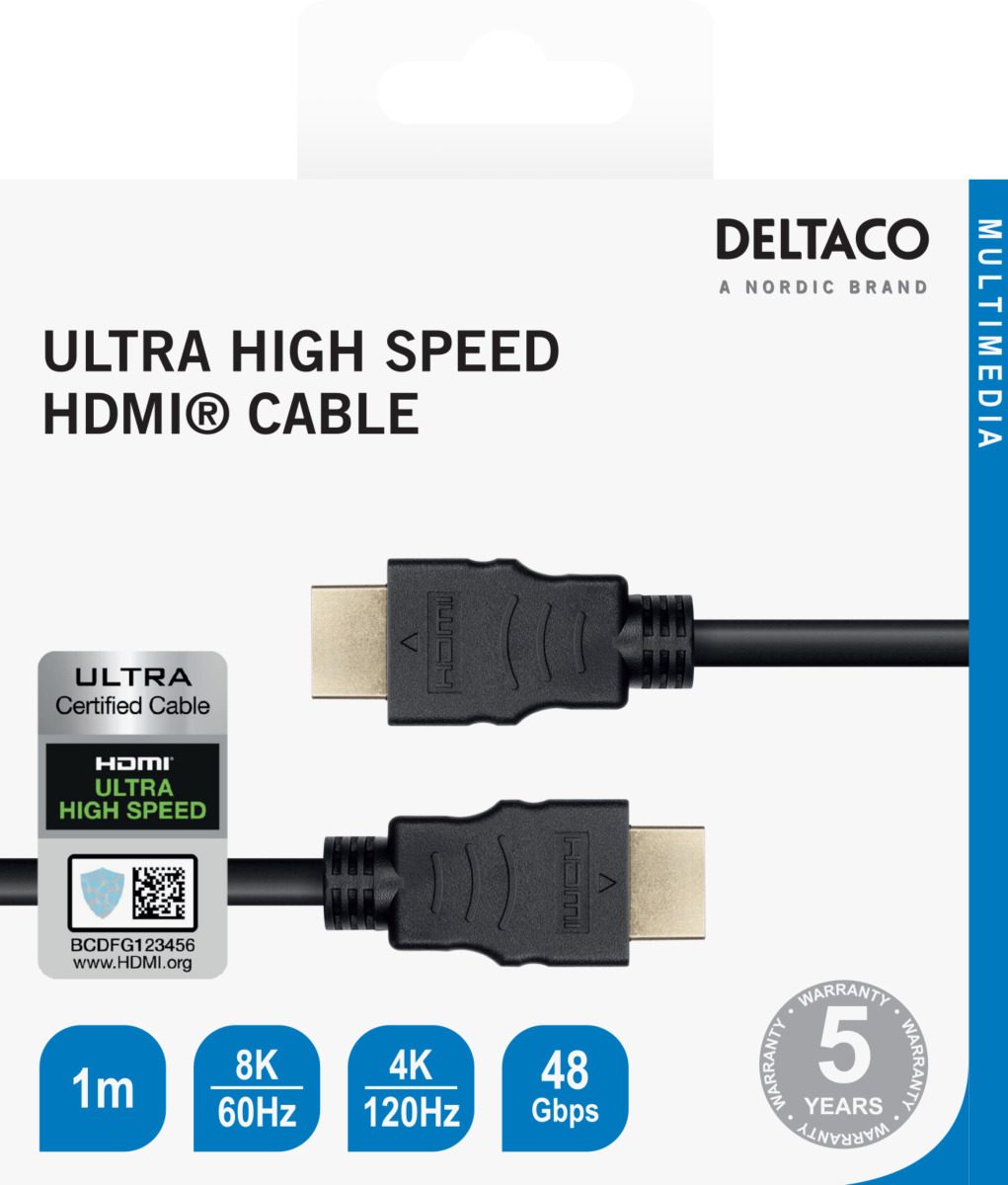 DELTACO Kabel Ultra High Speed HDMI ARC, QMS, 8K u 60Hz, 4K UHD u 120Hz, 1m, crni