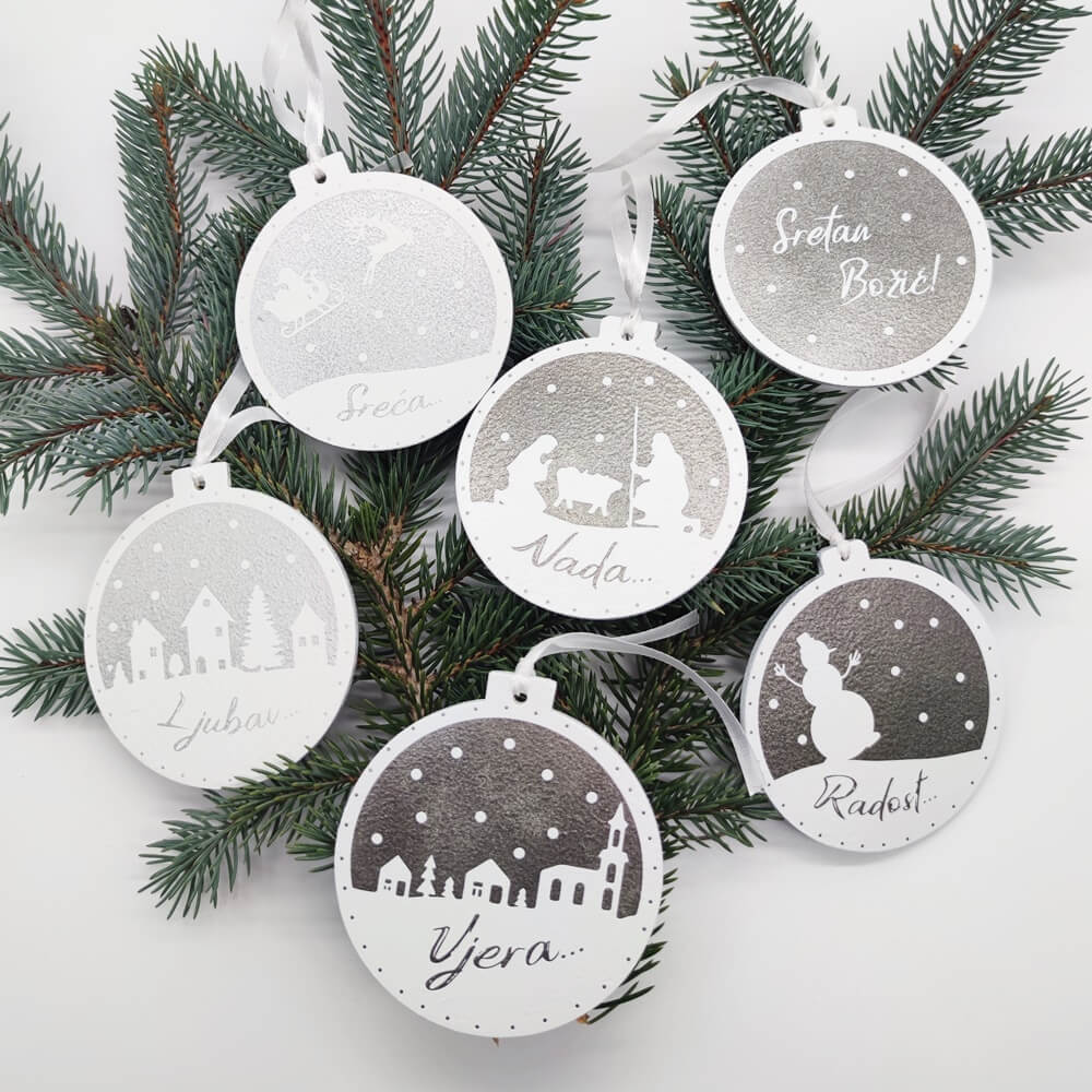 Vjera, Ljubav, Mir, Radost, Sreća i Nada  je sve što nam treba ovog Božića  Set 6 unikatnih kuglica Š1981