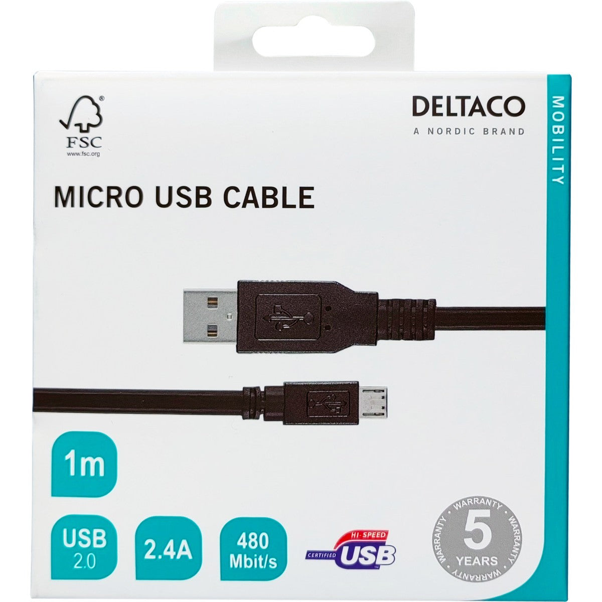 DELTACO Kabel USB-A 2.0 - USB Micro-B, 5-pinski, 1m, CRNI