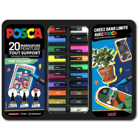 Uni gift set Posca u metalnoj kutiji 20kom (mix pc-1m/ pc-3m/pc-5m) pop colours