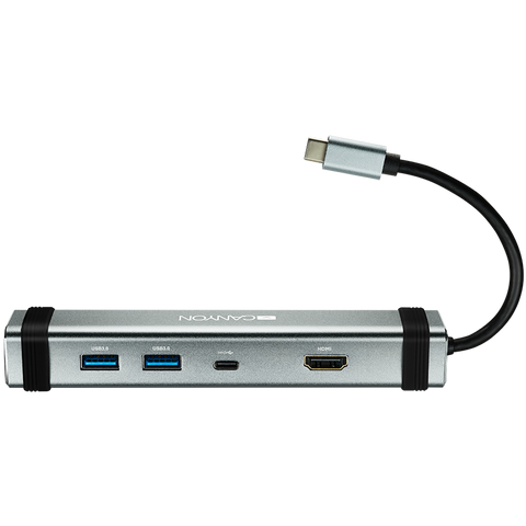 CANYON DS-3 Multiport Docking Station with 4 ports:1*Type C male+1*Type C female+2*USB3.0+1*HDMI, Input 100-240V, Output USB-C PD 5-20V/3A&amp;USB-A 5V/1A, cabel 0.12m, Space grey, 150.8*33.7*24mm, 0.112kg