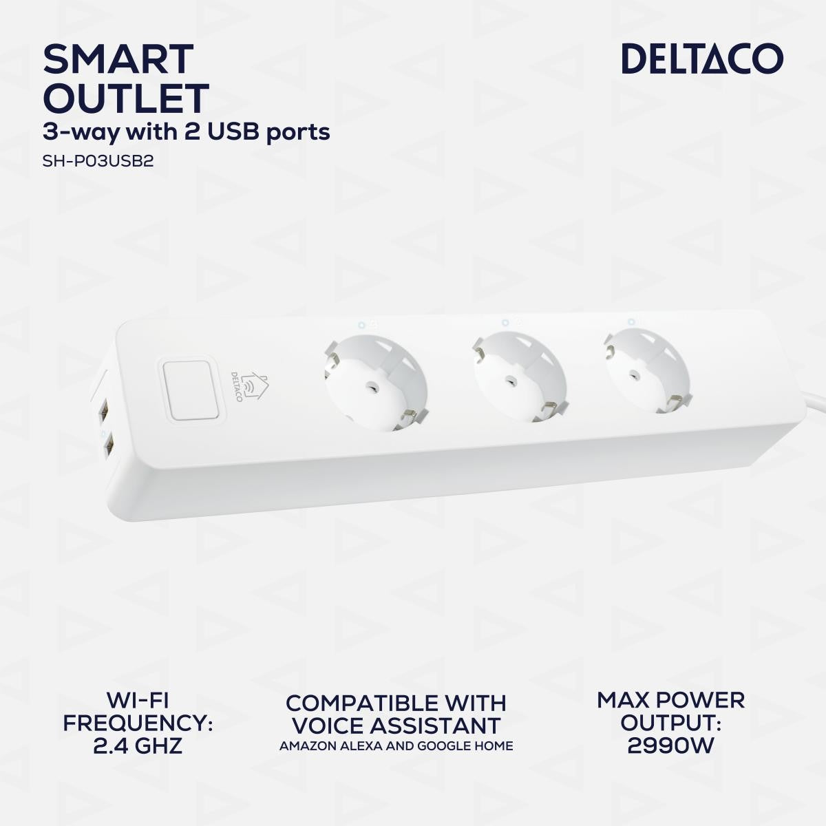 DELTACO SMART HOME Produžni kabel, WiFi 2.4GHz, 3xCEE 7/3, 2xUSB-A, 13A, 220-240V, 1.5m, BIJEL