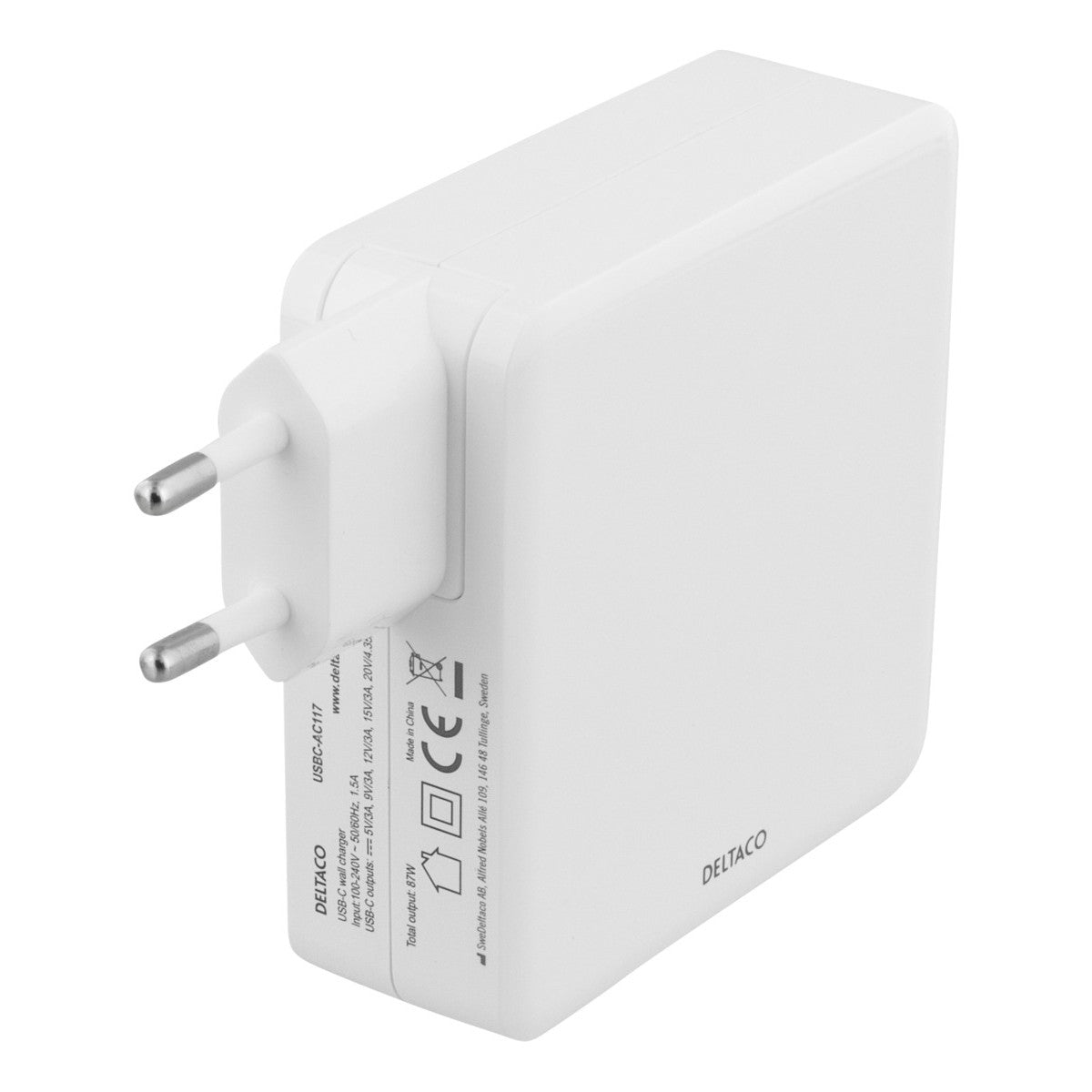 DELTACO Kućni Punjač1xUSB-C PD 87W - Fast charging, BIJELI