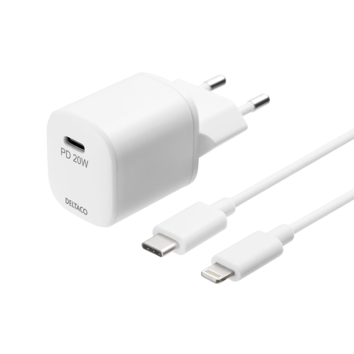 DELTACO Kućni Punjač 1x USB-C, PD 20 W + kabel USB-C - Lightning 1m BIJELI
