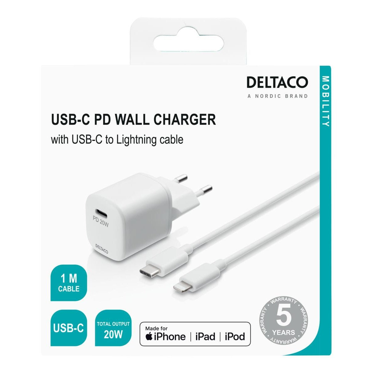 DELTACO Kućni Punjač 1x USB-C, PD 20 W + kabel USB-C - Lightning 1m BIJELI