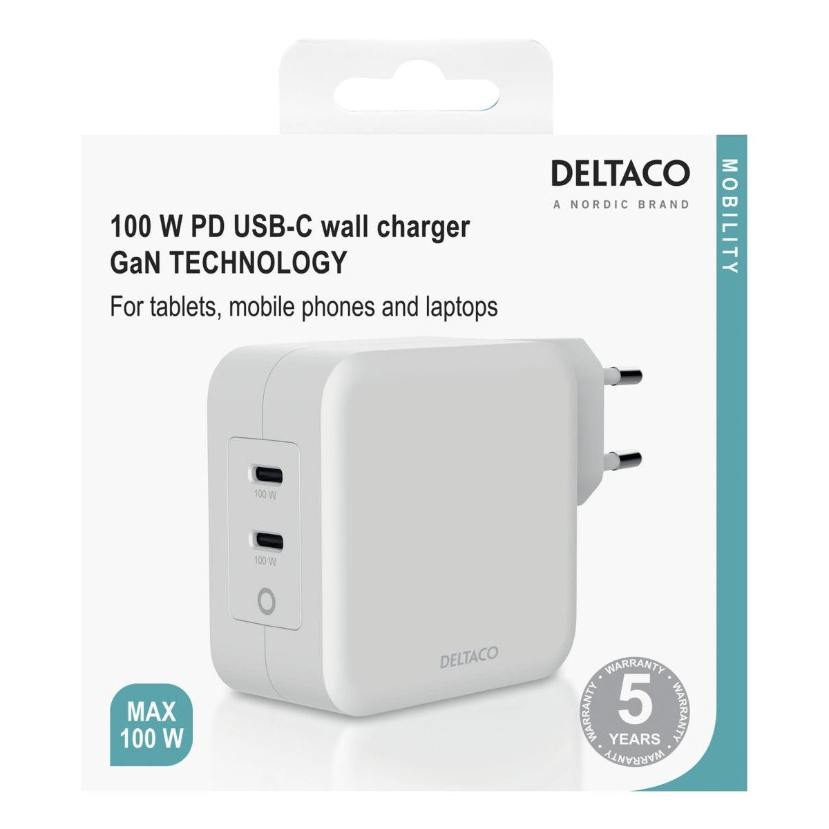 DELTACO USB-C wall charger, GaN technology, 2x USB-C PD, total 100 W