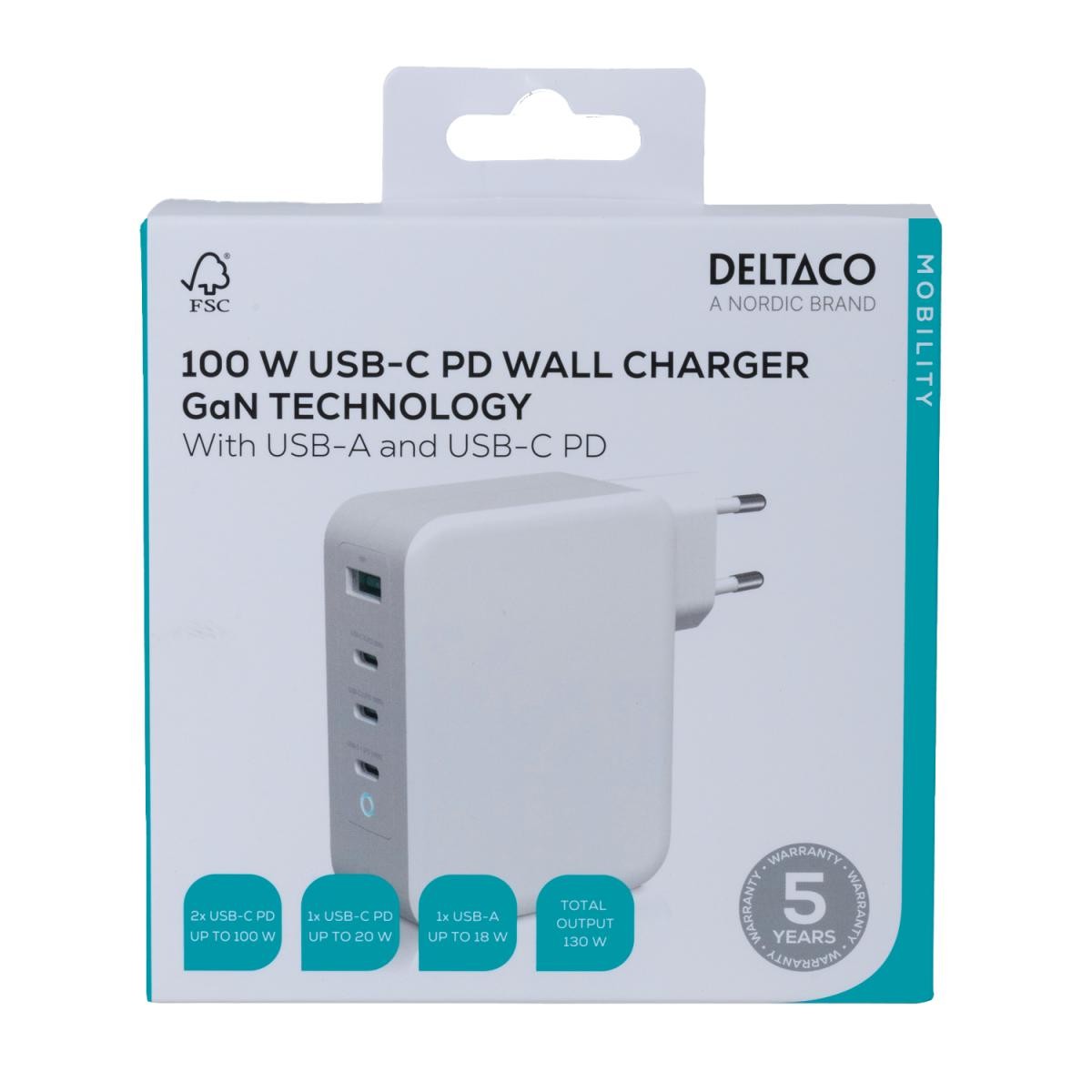 DELTACO USB-C kućni punjač, 1x USB-A, 3x USB-C, total 130 W, BIJELI