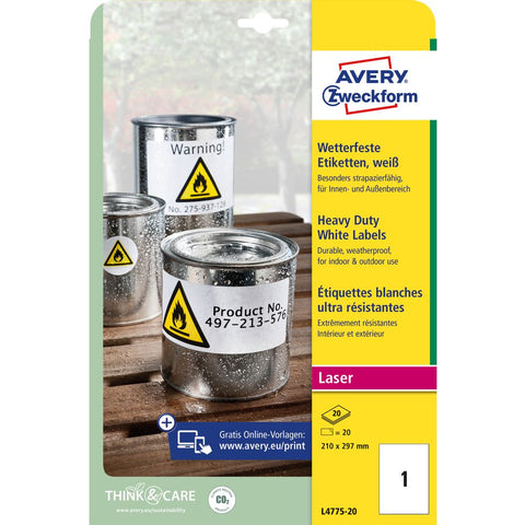 Avery Zweckform L4775-20 iznimo otporne naljepnice A4 210x297mm vodootporne 20 listova 20 naljepnica bijele
