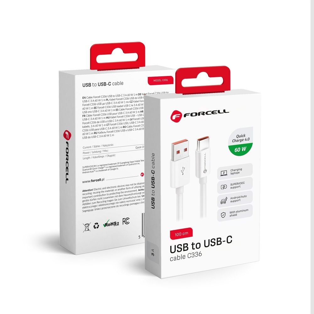 FORCELL kabel USB A na tip C QC4.0 3A/20V 60W C336 1m bijeli