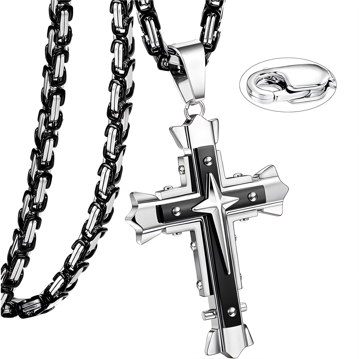 Muška Ogrlica s Križem MJ-38723 - Crna / Srebrna / 60cm KP38723