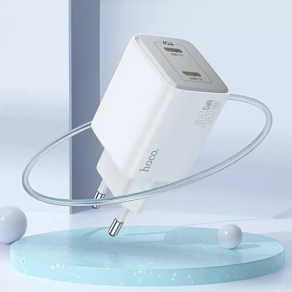HOCO zidni punjač 2 x Type-C + kabel Type-C do Type-C PD QC 45W GaN N42 bijeli