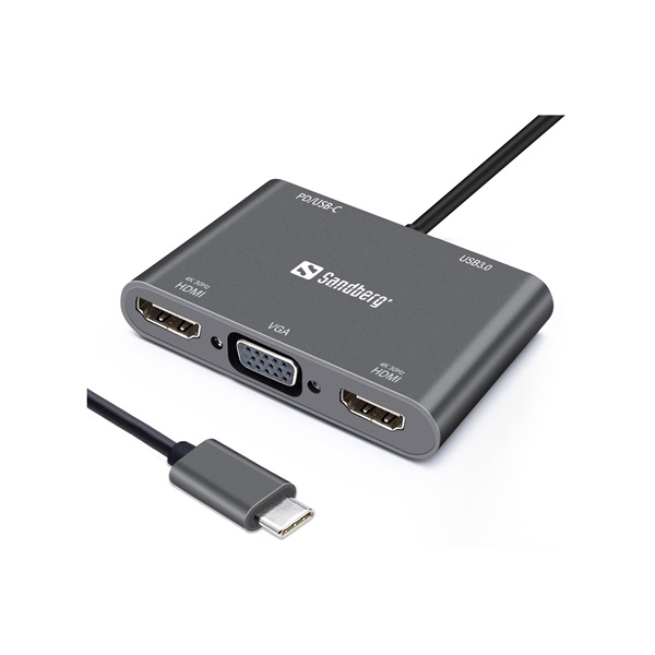Sandberg 136-35 priključna stanica i replikator porta za prijenosno računalo Žičano USB 3.2 Gen 1 (3.1 Gen 1) Type-C Sivo