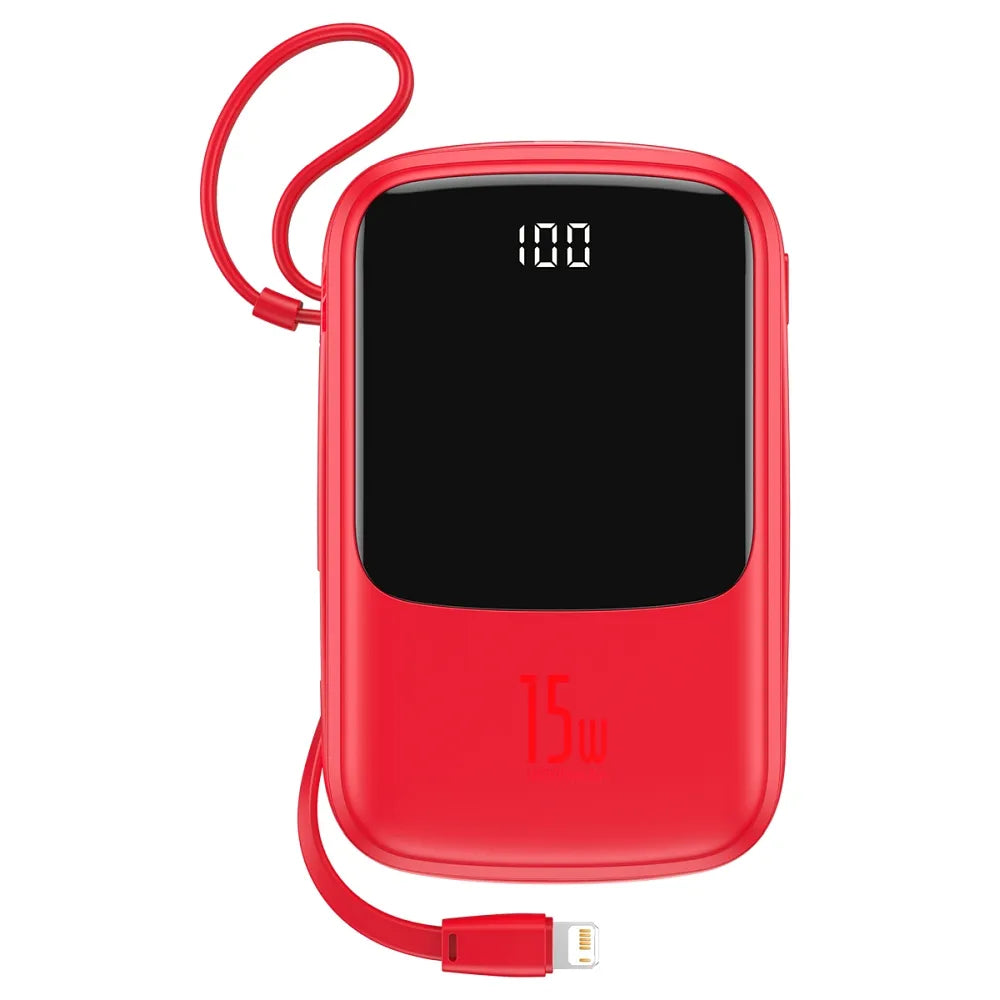 Power Bank BASEUS QPow - 10,000mAh LCD Quick Charge PD 15W s kabelom za Lightning 8-pin crveni PPQD-B09