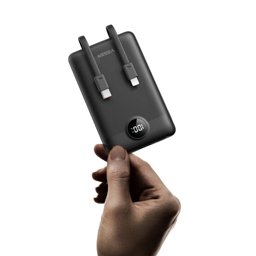 VEGER powerbank 10000 mAh s ugrađenim kabelima Type C / Lightning PD QC3.0 2A 22.5W C11 (W1170) crni
