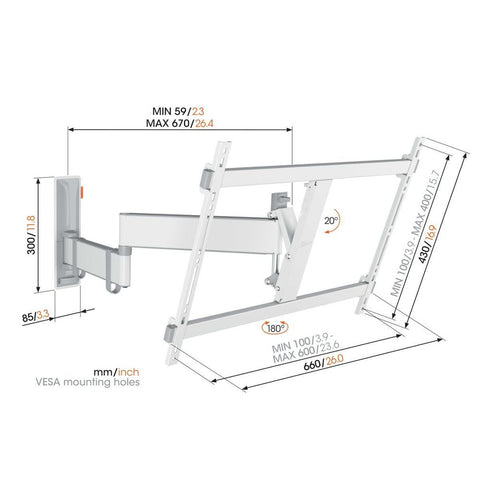Vogels TVM3643WH, zidni nosač za ekrane od 40&quot;-77&quot;, nagib do 20° pomak 180°