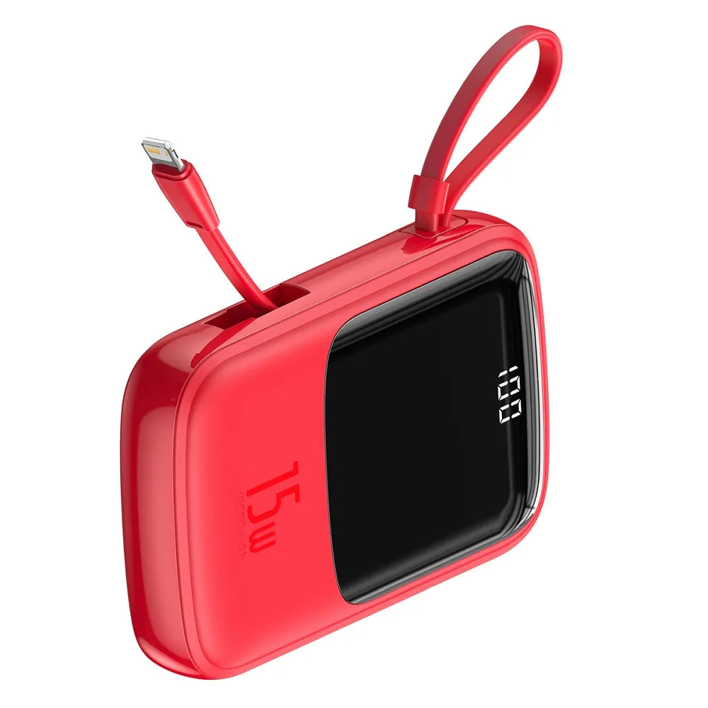 Power Bank BASEUS QPow - 10,000mAh LCD Quick Charge PD 15W s kabelom za Lightning 8-pin crveni PPQD-B09