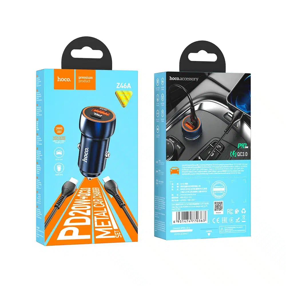 HOCO auto punjač Type C + USB QC3.0 Power Delivery 20W s kabelom za iPhone Lightning 8-pin Z46A safirno plavi