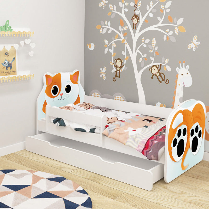 Dječji krevet ACMA Animals, bočna bijela + ladica 160x80 cm 02 Mačka
