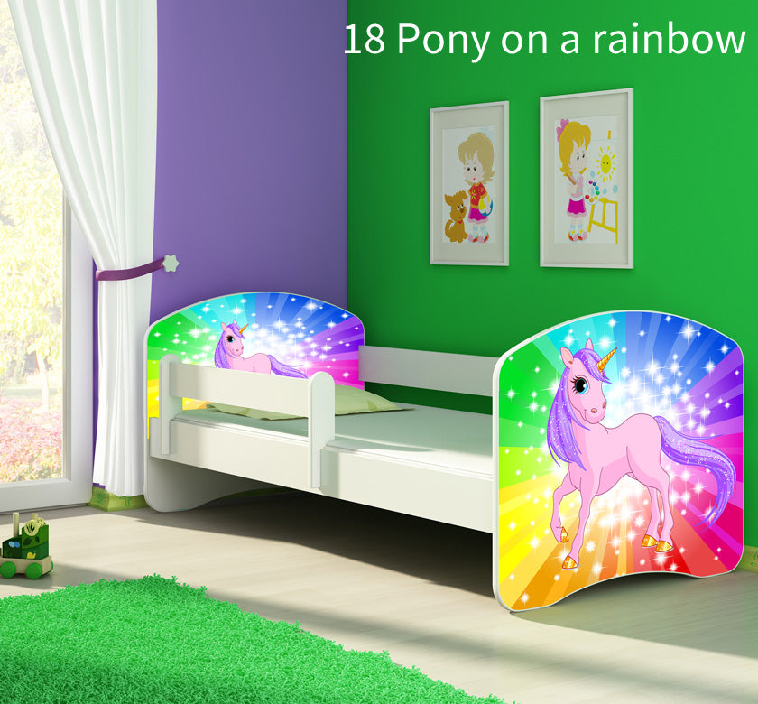 Dječji krevet ACMA s motivom, bočna bijela 140x70 cm 18 Pony on a rainbow