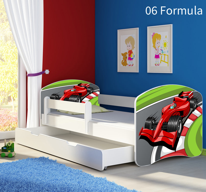 Dječji krevet ACMA s motivom, bočna bijela + ladica 140x70 cm 06 Formula 1
