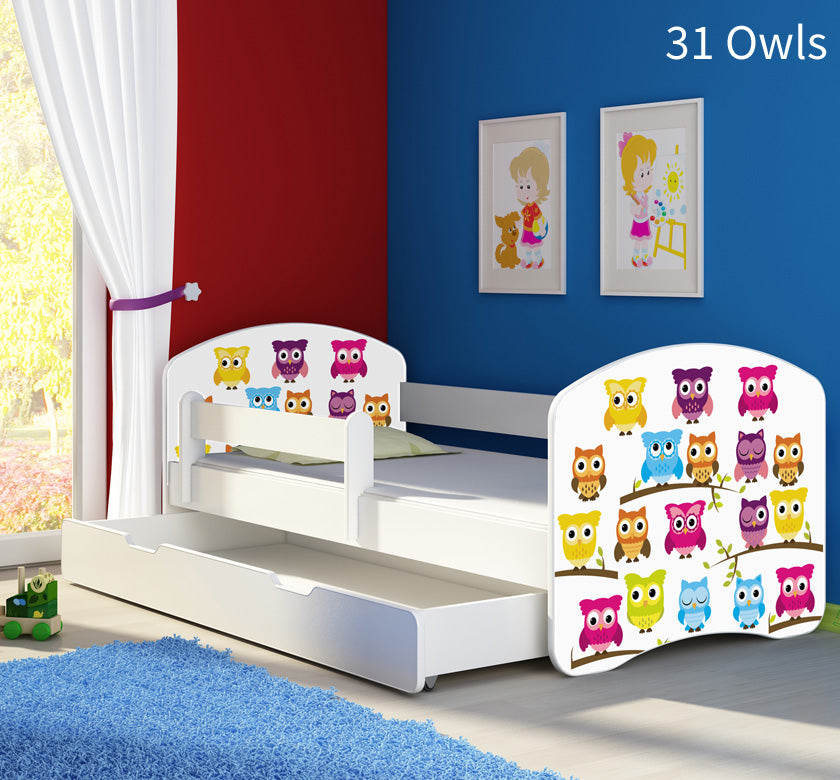 Dječji krevet ACMA s motivom, bočna bijela + ladica 160x80 cm 31 Owls