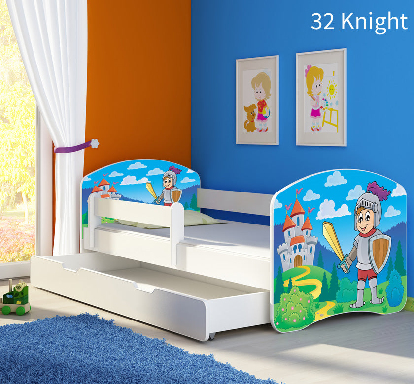 Dječji krevet ACMA s motivom, bočna bijela + ladica 140x70 cm 32 Knight