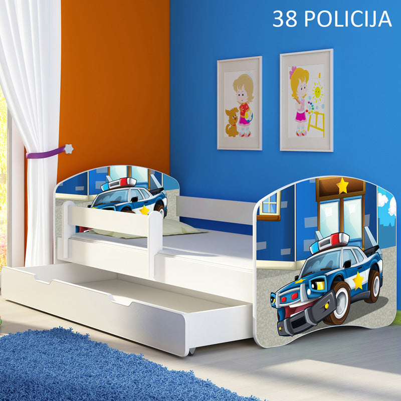 Dječji krevet ACMA s motivom, bočna bijela + ladica 160x80 cm 38 Policija