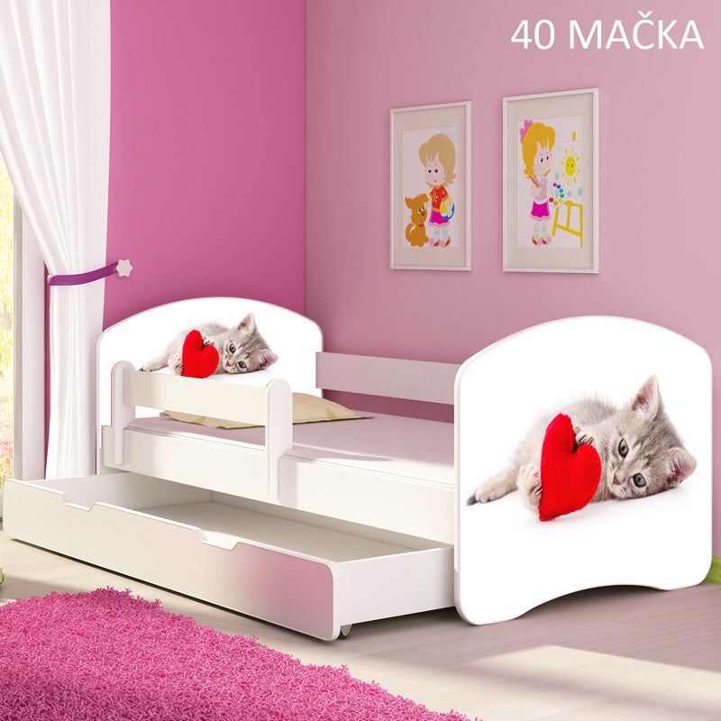 Dječji krevet ACMA s motivom, bočna bijela + ladica 180x80 cm 40 Mačka