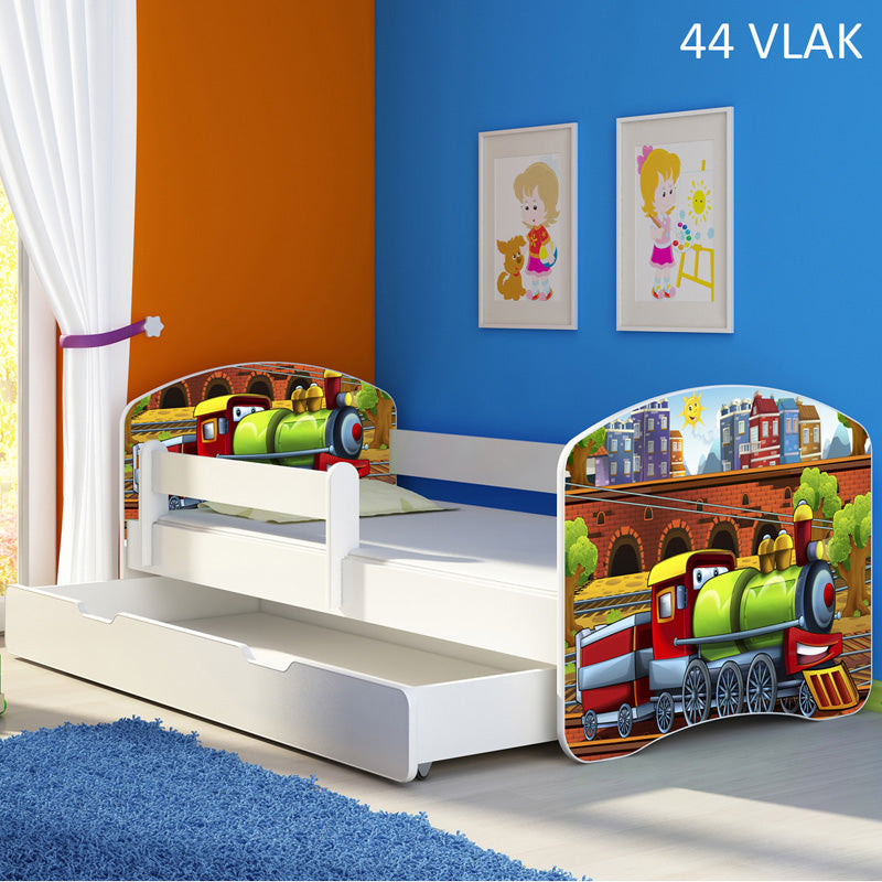 Dječji krevet ACMA s motivom, bočna bijela + ladica 160x80 cm 44 Vlak