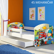 Dječji krevet ACMA s motivom, bočna bijela + ladica 160x80 cm 45 Mehaničar