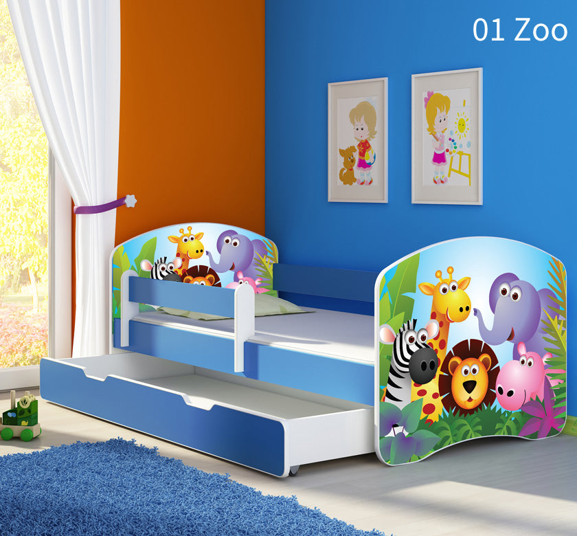 Dječji krevet ACMA s motivom, bočna plava + ladica 160x80 cm 01 Zoo