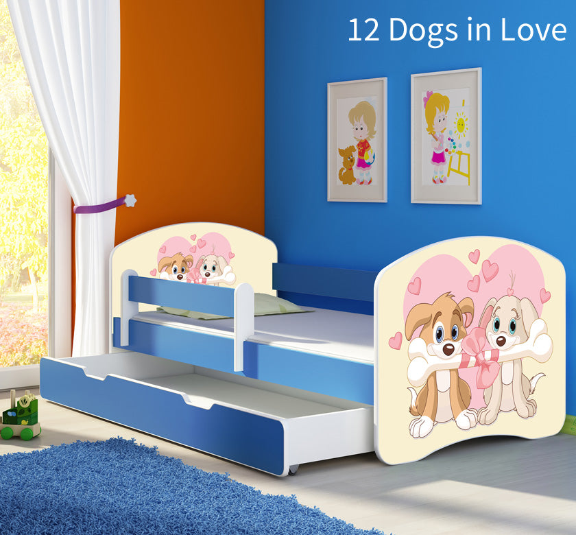 Dječji krevet ACMA s motivom, bočna plava + ladica 180x80 cm 12 Dogs in Love