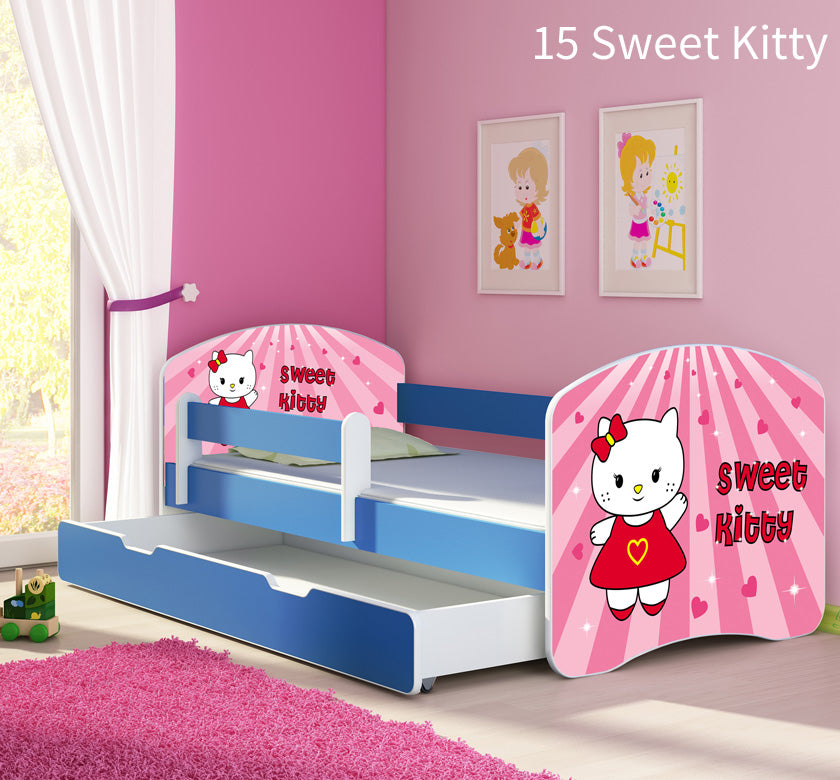 Dječji krevet ACMA s motivom, bočna plava + ladica 160x80 cm 15 Sweet Kitty